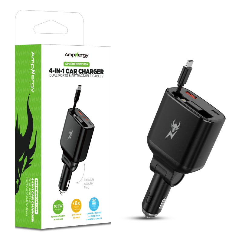 AmpNergy Speedemon 105W 4-in-1 Car Charger w/ Dual Ports & Retractable Cables
