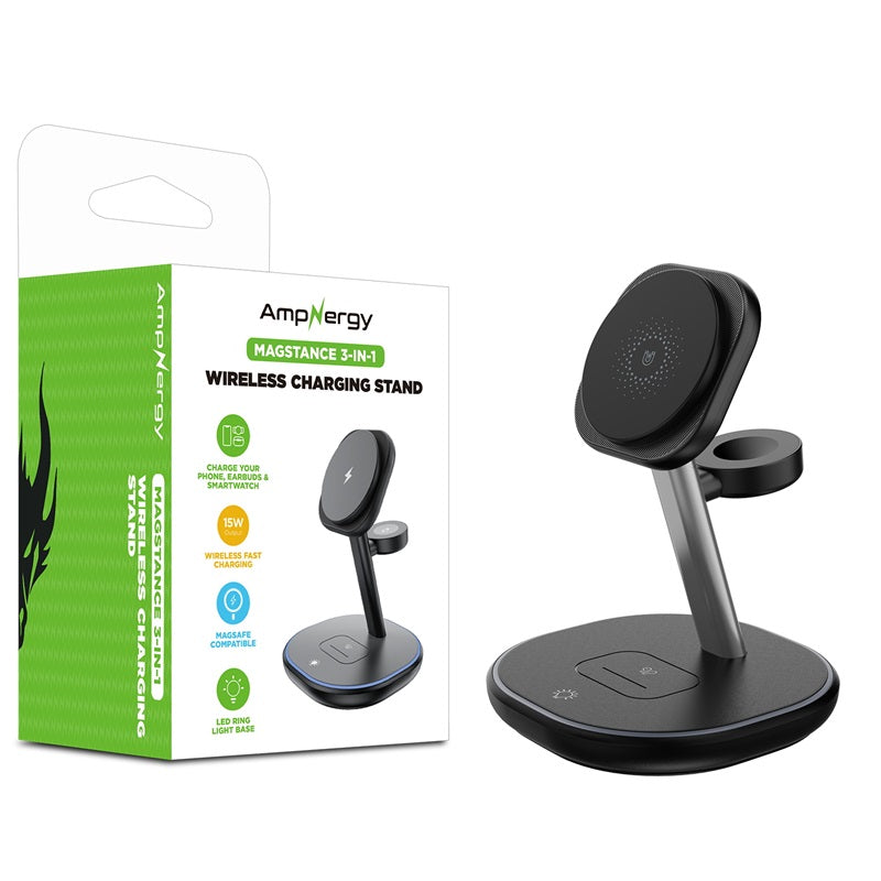 AmpNergy MagStance 3-in-1 Wireless Charging Stand - Black