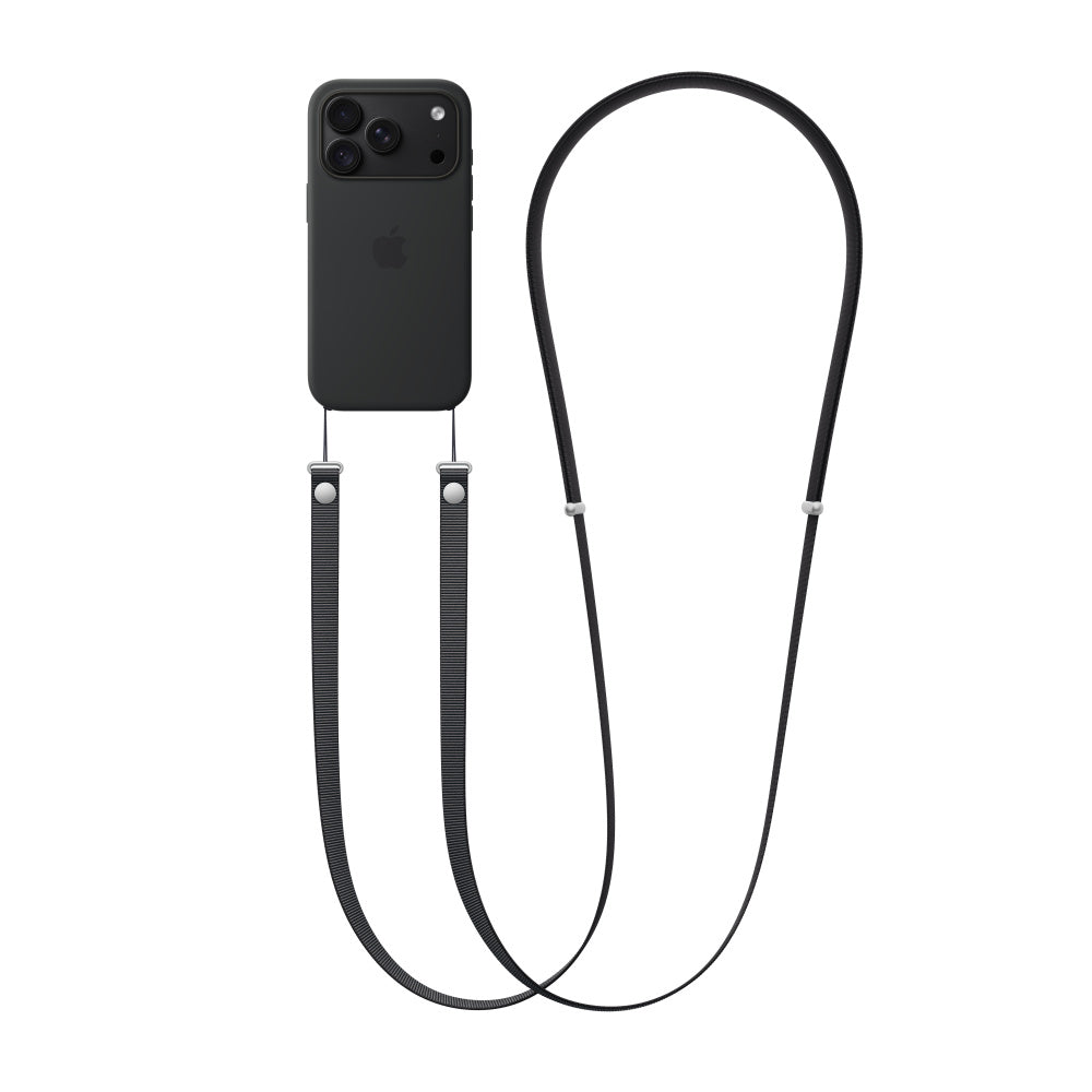 Apple Crossbody Strap in Black attached to an Apple Silicone Case #Colour_Black