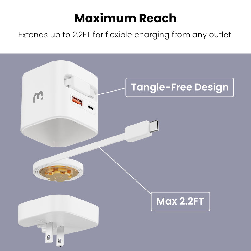 MyBat Pro 65W Dual Port GaN Wall Charger w/ Smart Watch Charger & Retractable Charging Cable