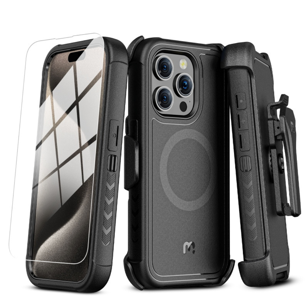 MyBat Pro iPhone 15 Pro Max Antimicrobial Maverick Series w/ MagSafe Case with Holster and Tempered Glass