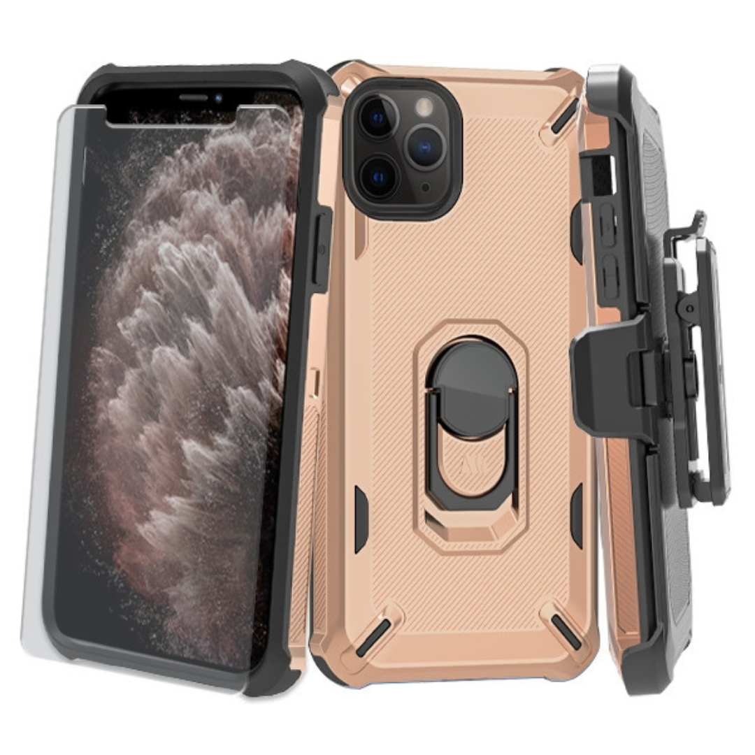 MyBat iPhone 11 Pro Max 3-in-1 Brigade Hybrid Protector Cover Combo (with Black Holster)(with Ring Stand)(Tempered Glass Screen Protector)