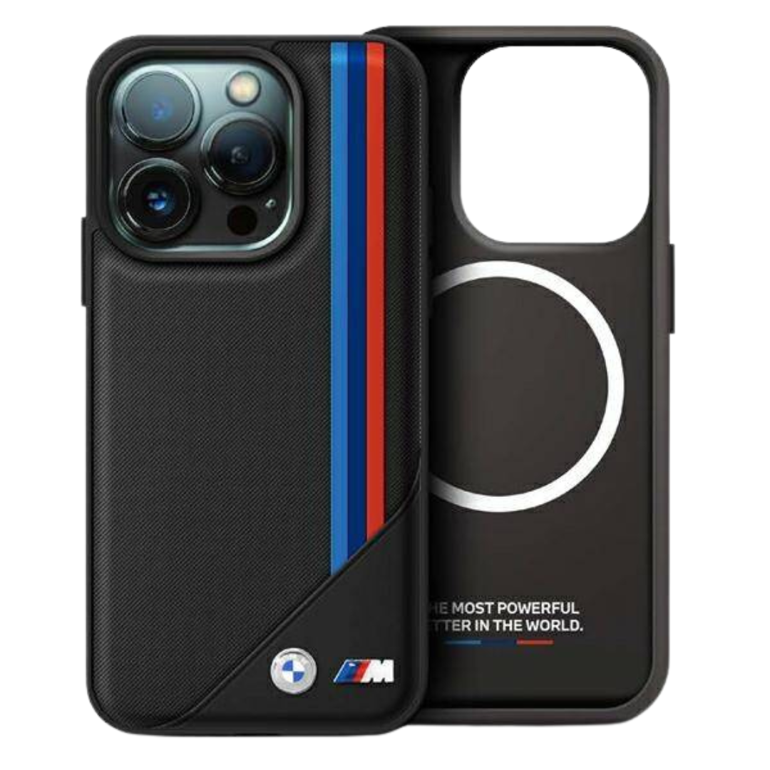 BMW M - MagSafe PU Leather Case Meshed Texture Tricolor Stripes and Metal Logo