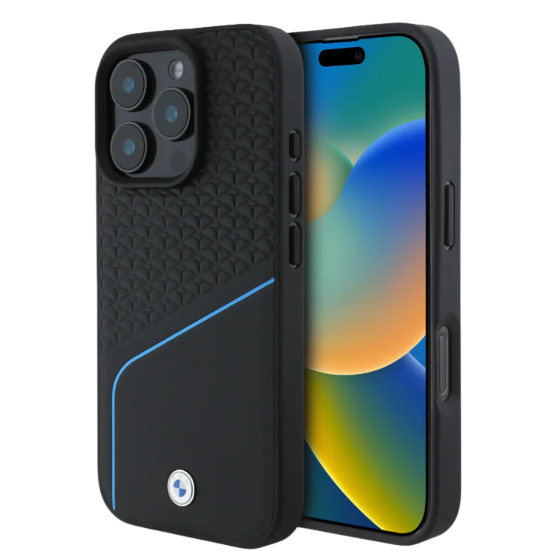 BMW- Leather Black Hard Case Signature Collection MagSafe Compatible Textured Design With Line And Metal Logo