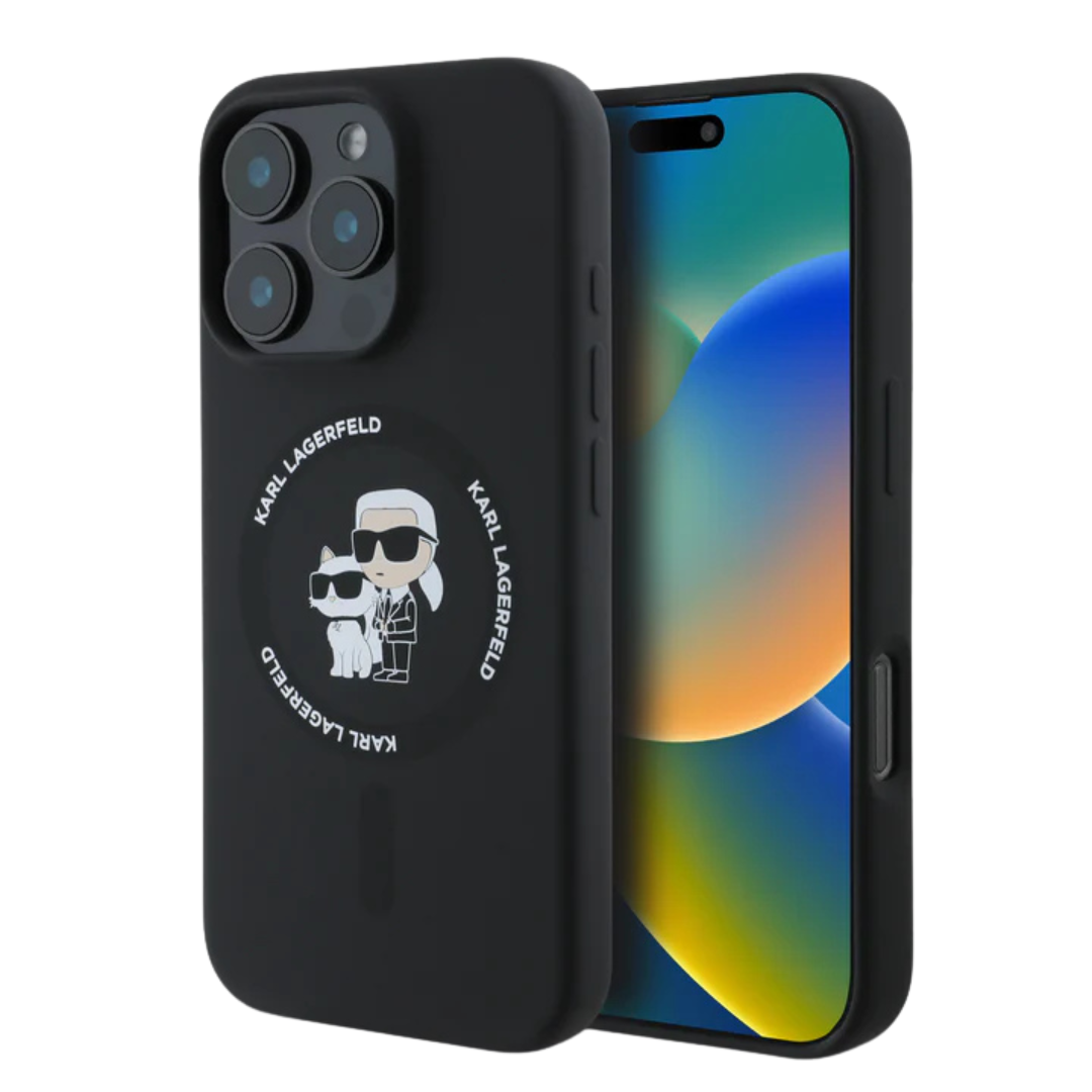 KARL LAGERFIELED- Silicone Black Hard Case MagSafe Compatible Karl And Choupette Body Ring