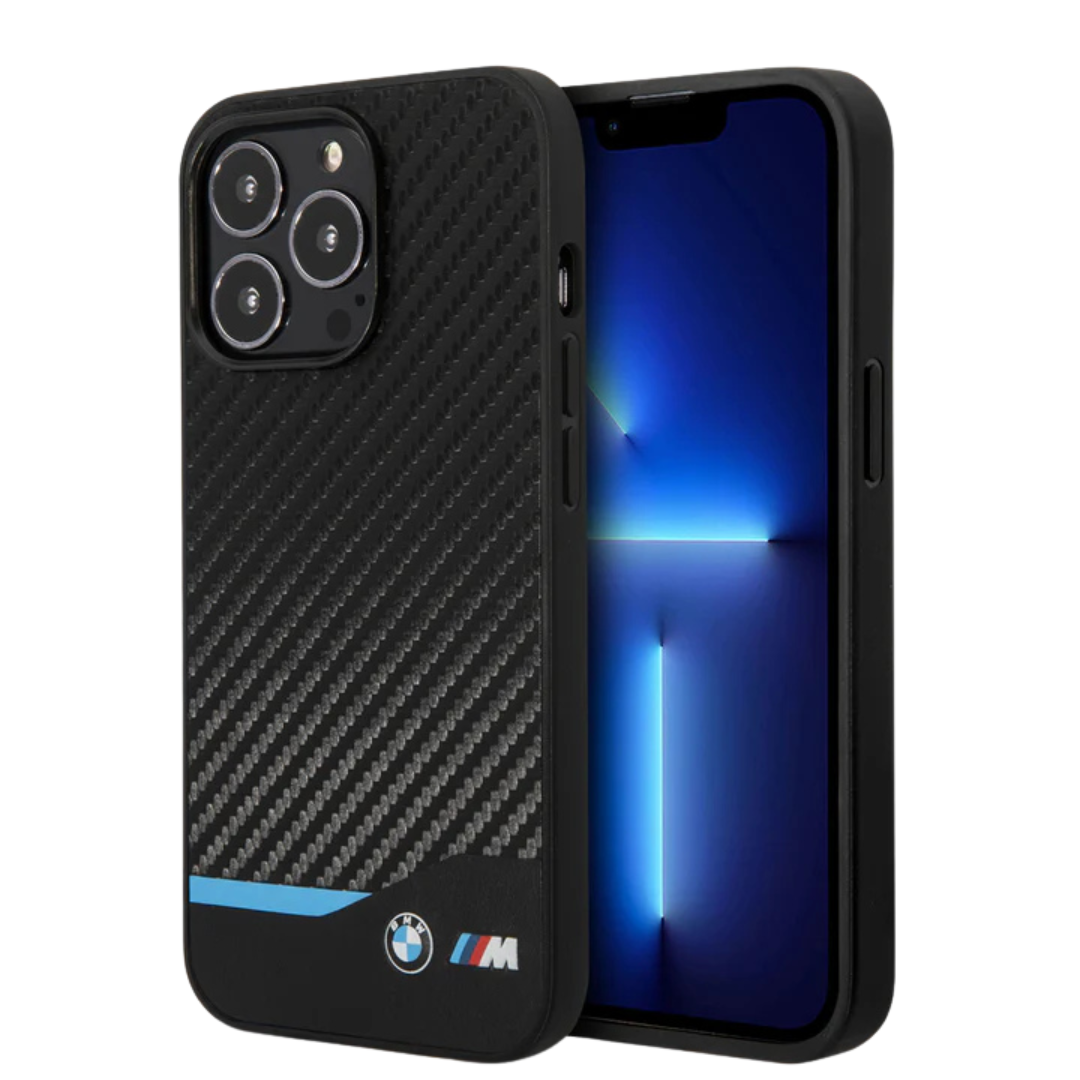 BMW M - PU Leather Black M Collection Pu Carbon Case With Bottom Horizontal Blue Line And Metal Logos