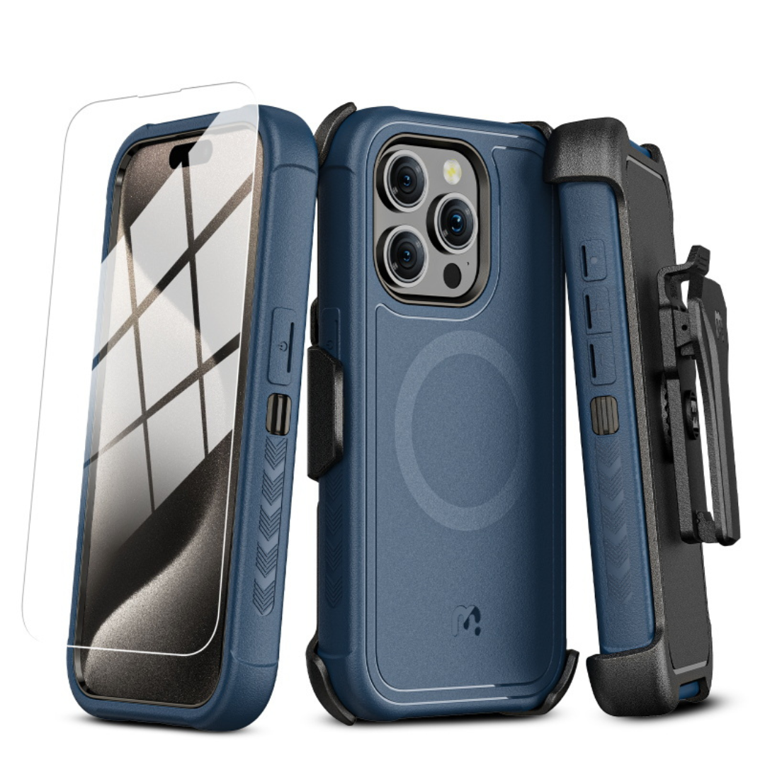 MyBat Pro iPhone 15 Pro Max Antimicrobial Maverick Series w/ MagSafe Case with Holster and Tempered Glass