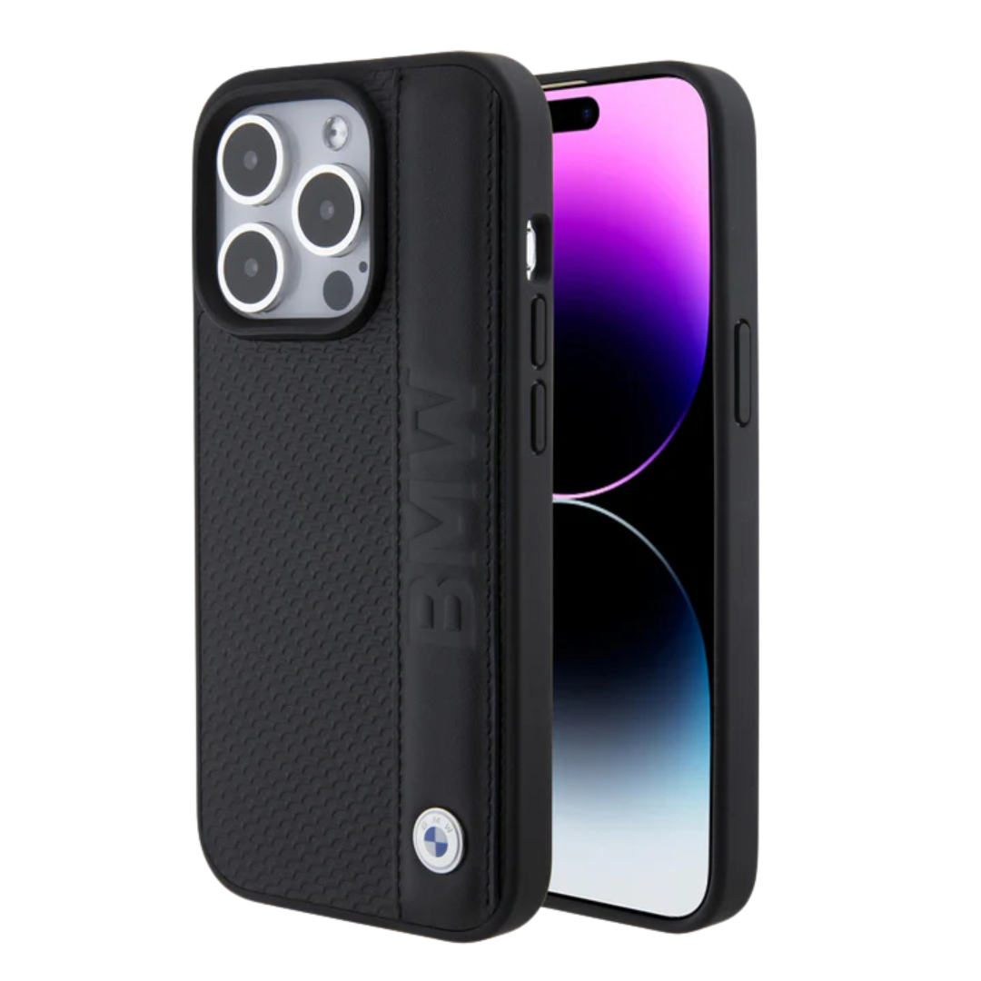 BMW- iPhone 15 Pro - Leather Black Hard Case Textured & Stripe Design