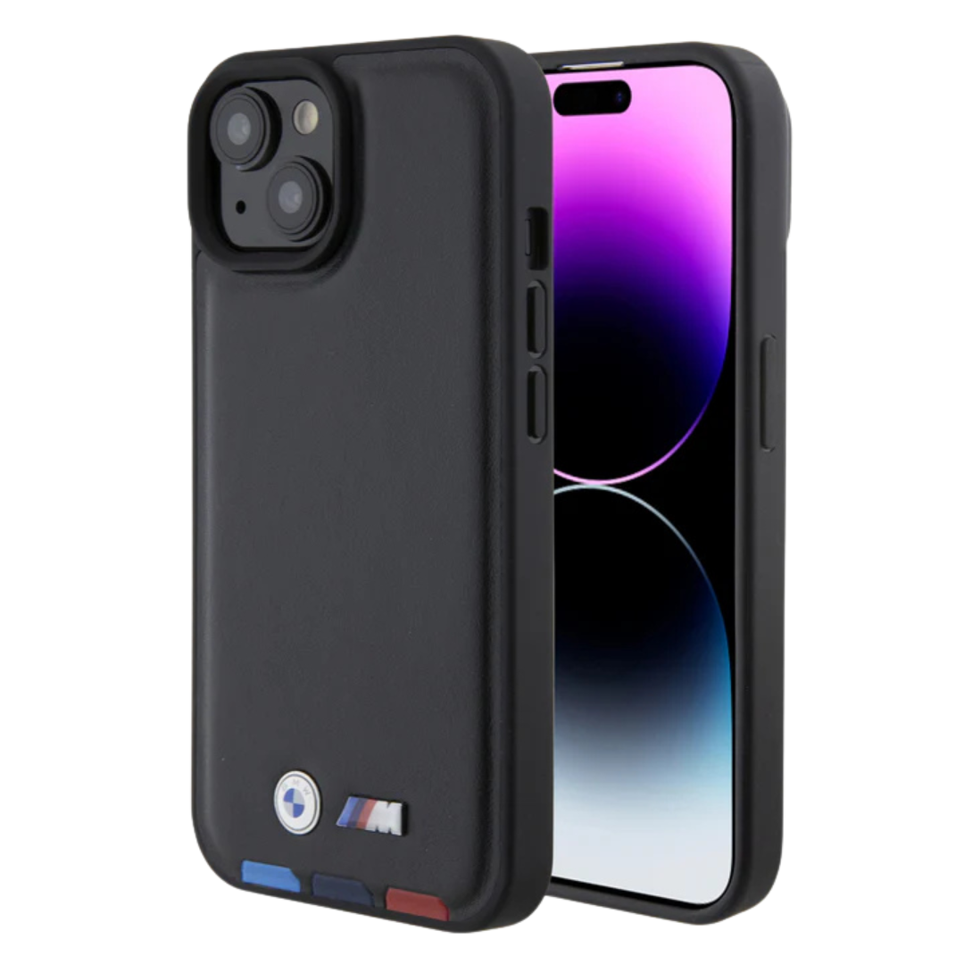 BMW M.- iPhone 15 - PU Leather Black Case M Hot Stamp Tricolor