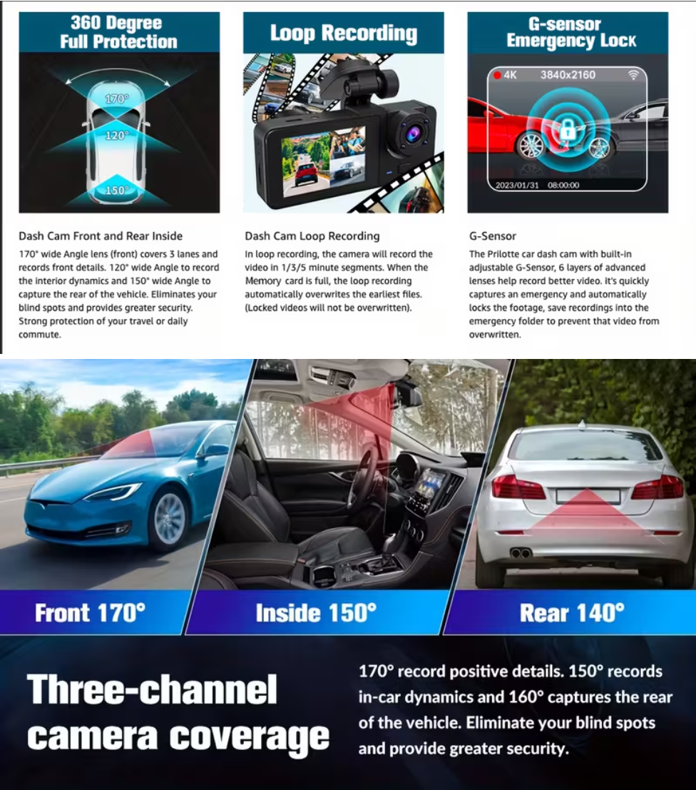 Dash Camera for Cars 4K Full UHD Car Camera Front Rear 3-Channel Car Camera