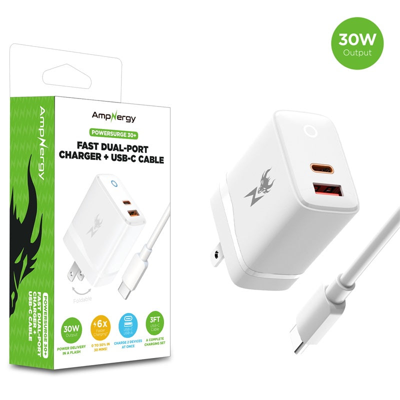 AmpNergy PowerSurge 30W Fast Dual-Port Charger w/ Foldable Plug with USB-C to USB-C Cable