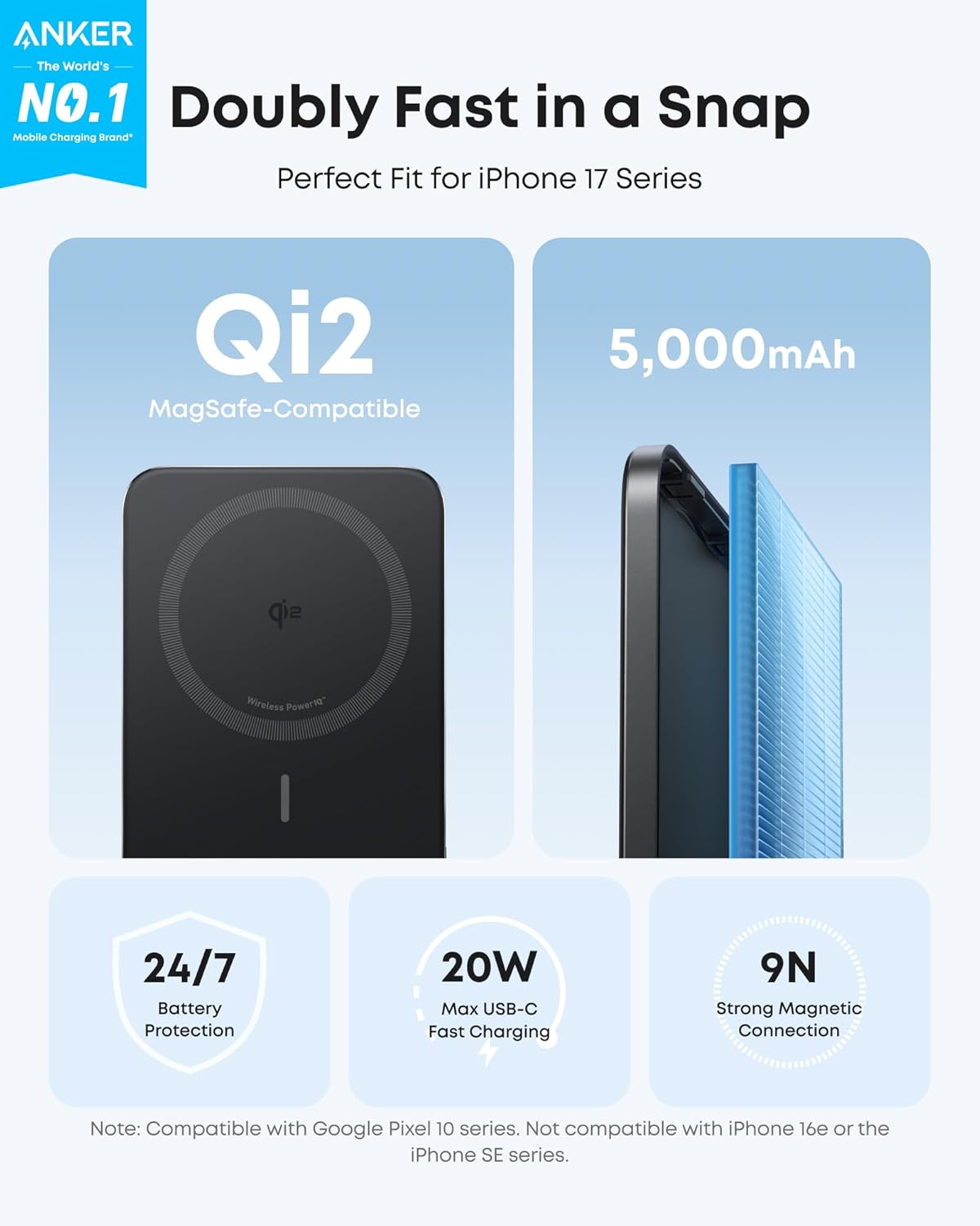 Anker Nano MagSafe Portable Charger, Ultra-Slim 5,000mAh Magnetic Wireless Power Bank, Qi2-Certified 15W Max