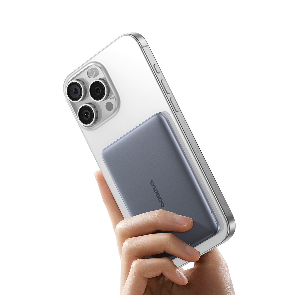 Baseus PicoGo AM41 attached magnetically to the back of an iPhone