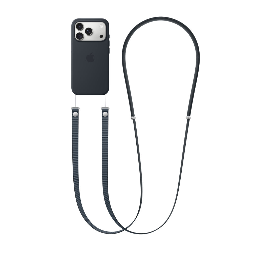 Apple Crossbody Strap in Navy Blue attached to an Apple Silicone Case #Colour_Navy Blue