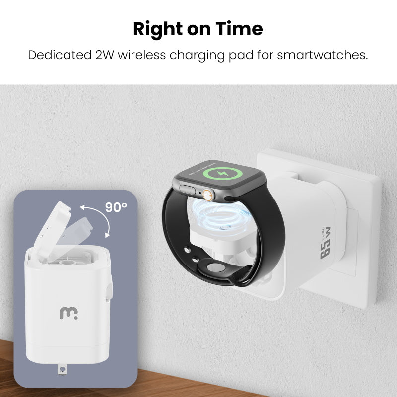 MyBat Pro 65W Dual Port GaN Wall Charger w/ Smart Watch Charger & Retractable Charging Cable