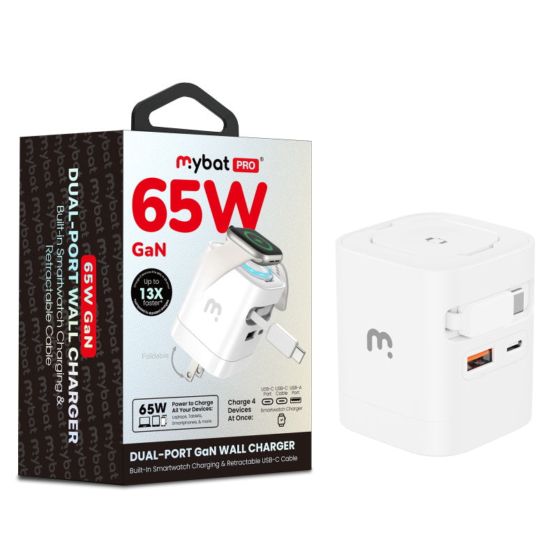 MyBat Pro 65W Dual Port GaN Wall Charger w/ Smart Watch Charger & Retractable Charging Cable