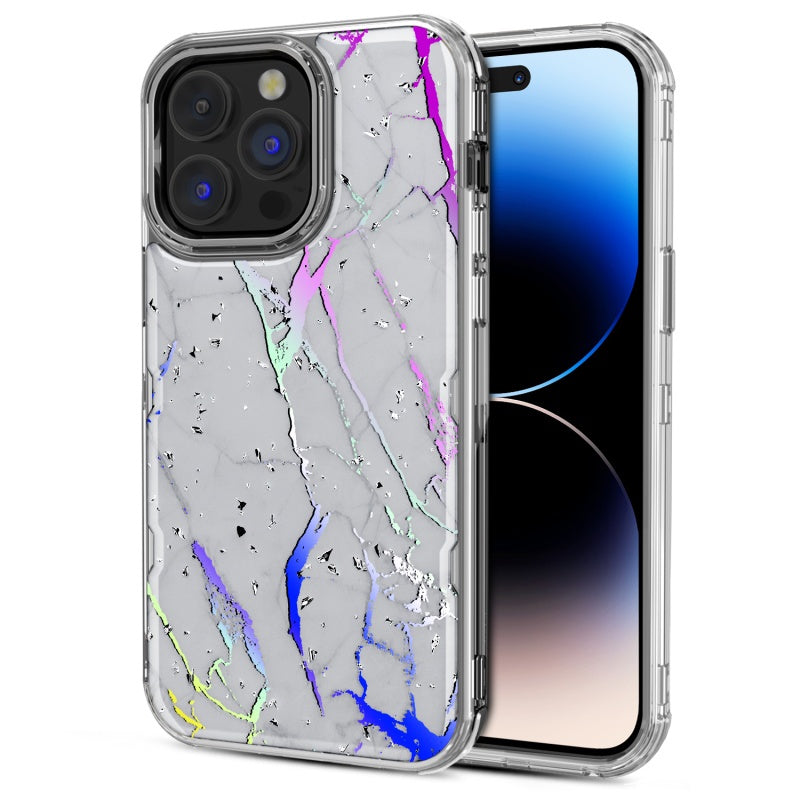 MyBat Pro TUFF Kleer Hybrid Case for Apple iPhone 14 Pro Max (6.7) - White Marbling / Electroplating Silver