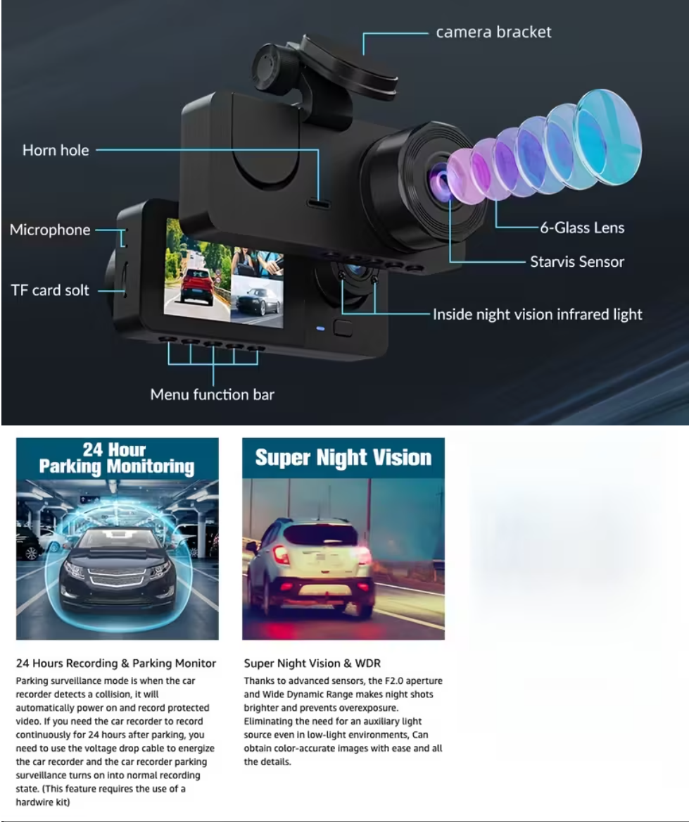 Dash Camera for Cars 4K Full UHD Car Camera Front Rear 3-Channel Car Camera