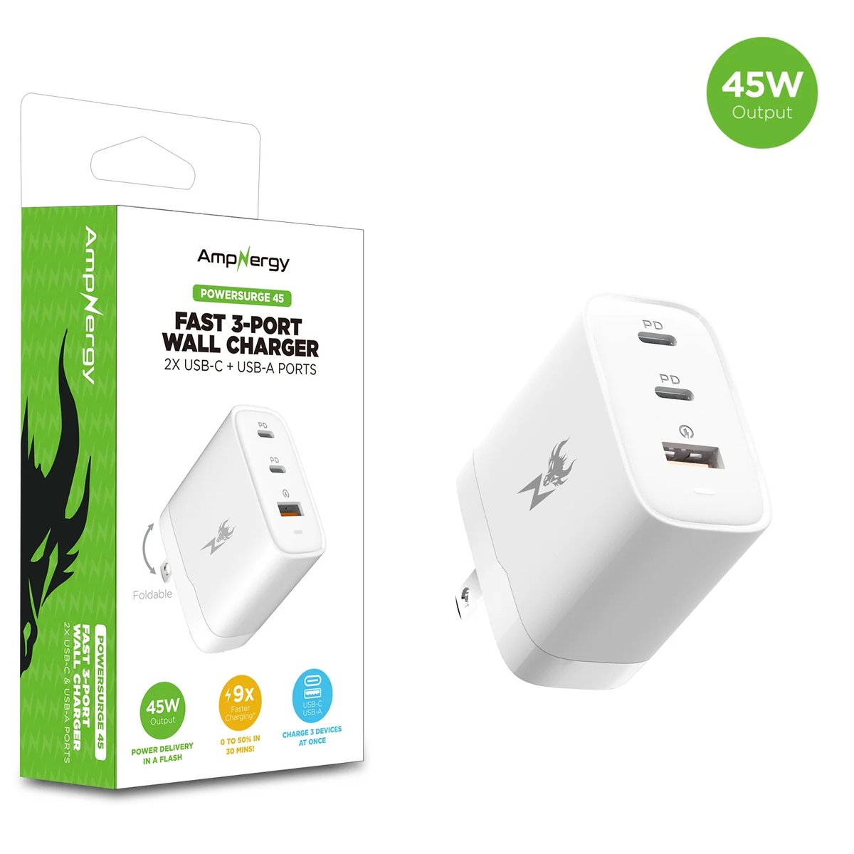 AmpNergy 45W Fast 3-Port Charger w/ Foldable Plug