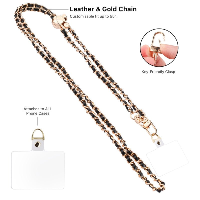 Black/Gold strap: leather and gold chain, adjusts up to 55 inches, key clasp, attaches to phone cases #Color_Black/Gold