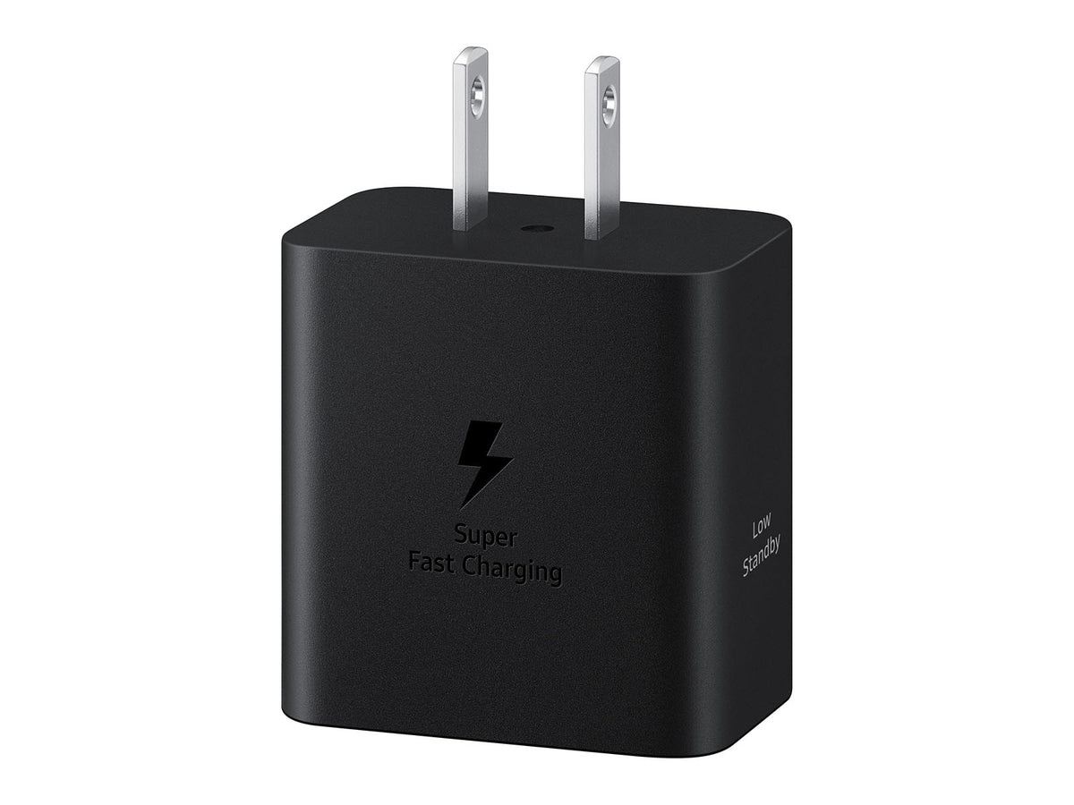 Samsung 45W USB-C Power Adapter from the front, wall plug only